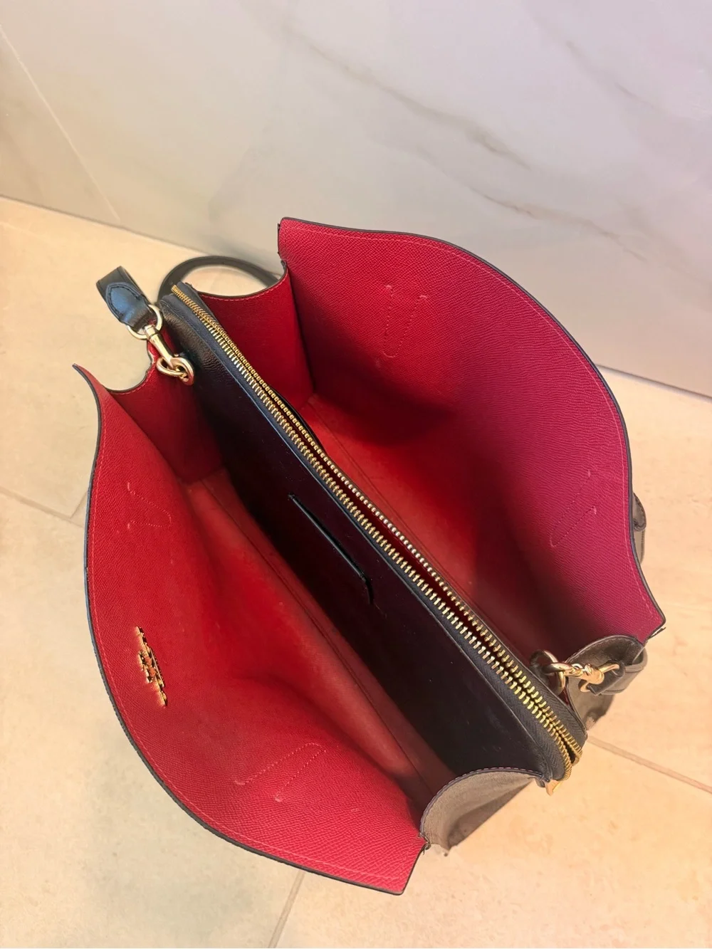 COACH Tatum  Brown Signature Crossbody Tote with Red Zip Accent